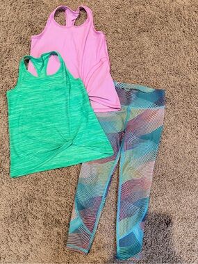 Target Pink Racerback Tank, Green Twist-Front Tank & Multicolor Wave Leggings